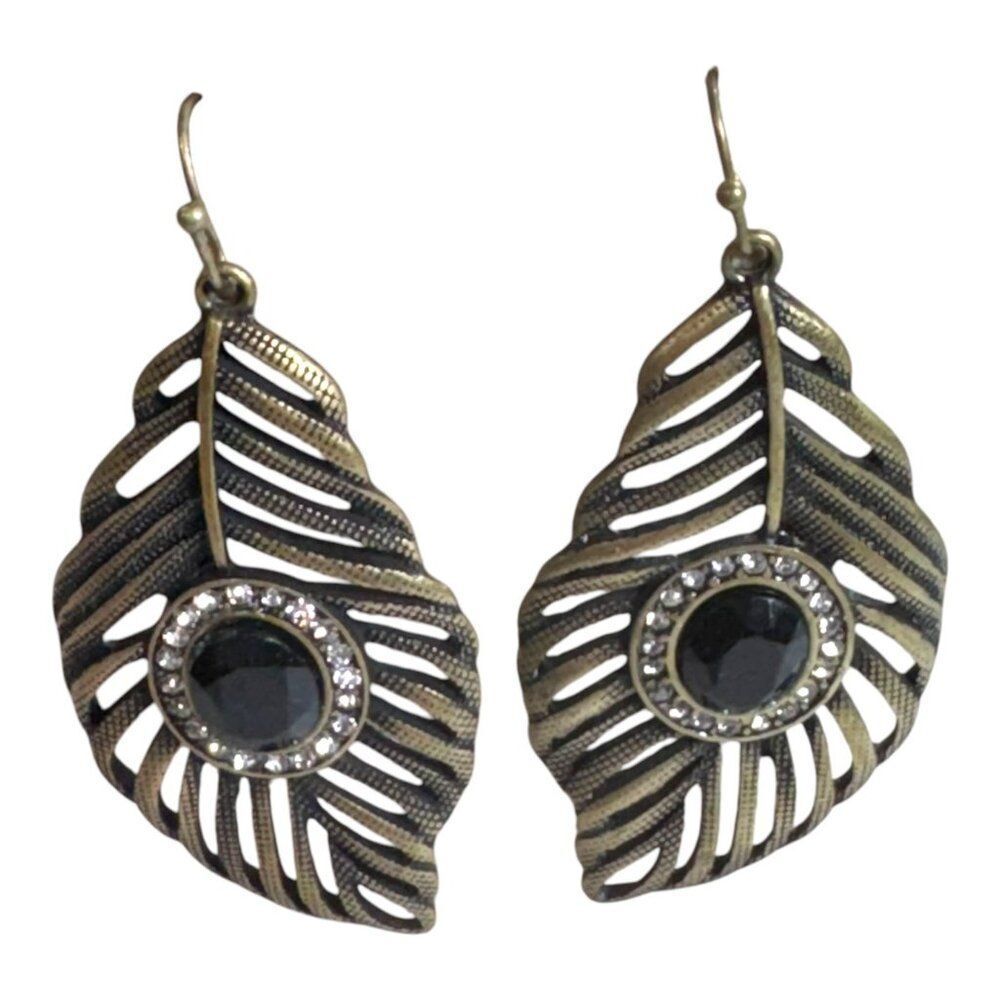 Vtg Gold Tone Leaf Dangle Earrings Faceted Black Gem & Rhinestone 2" Drop Length